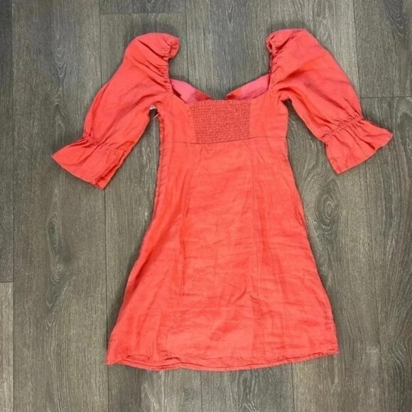 Aritzia Wilfred Womens Mini Dress Stanza Linen Puff Sleeve Coral Pink Corset XXS - Picture 14 of 16